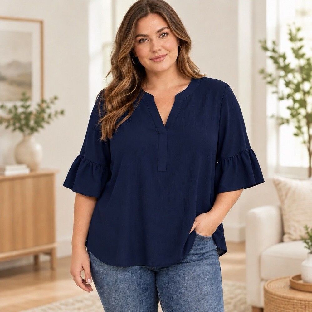 Chico’s Womens Size 3 (16) Navy Blue Bell Sleeve Tunic Blouse Stretch Pullover
